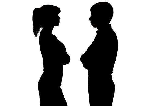 The opposition of the sexes: men and women, the silhouette of a young couple opposite each other